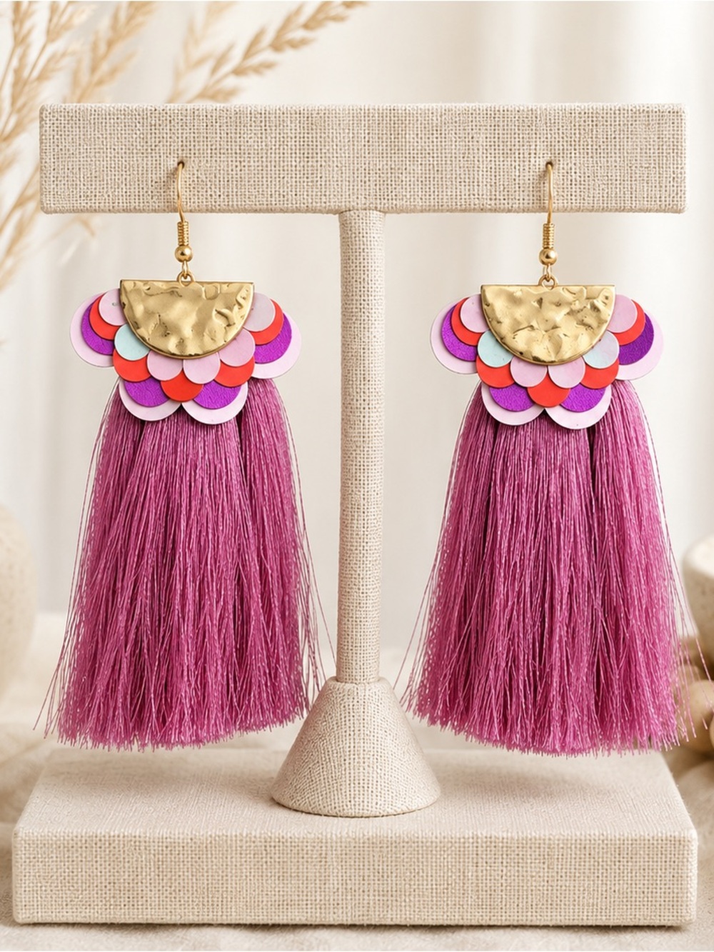 Zara Magenta Tassel Earrings with Gold and Multicolor Scallops